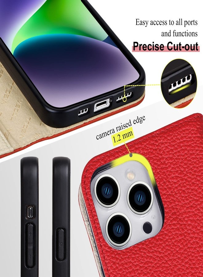 VISOUL Pebbled Leather Wallet Case for iPhone 14 Pro, Genuine Leather Magnetic Flip Folio Case with Card Holder Kickstand Designed for iPhone 14 Pro (6.1")-Red+White - Image 3