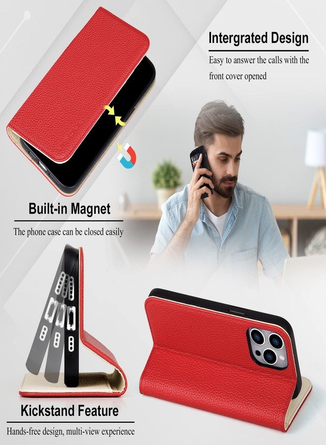 VISOUL Pebbled Leather Wallet Case for iPhone 14 Pro, Genuine Leather Magnetic Flip Folio Case with Card Holder Kickstand Designed for iPhone 14 Pro (6.1")-Red+White - Image 5