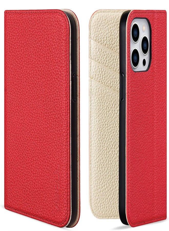 VISOUL Pebbled Leather Wallet Case for iPhone 14 Pro, Genuine Leather Magnetic Flip Folio Case with Card Holder Kickstand Designed for iPhone 14 Pro (6.1")-Red+White - Image 1