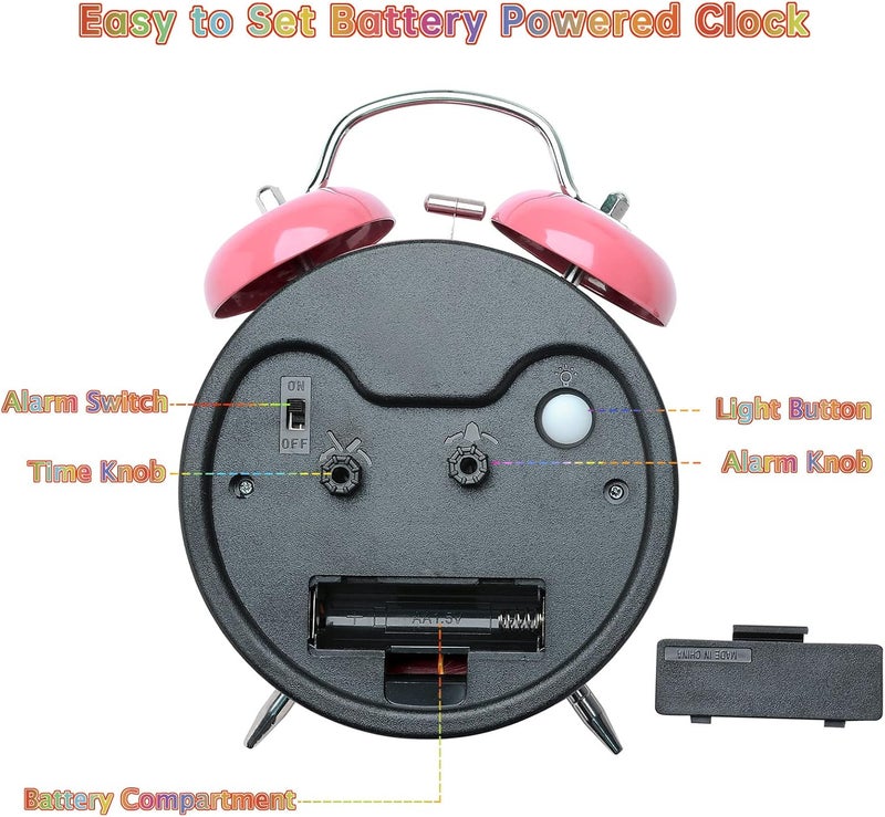 Peakeep Loud Analog Alarm Clock for Kids Learning Telling Time Teaching, 4.5" Twin Bell Alarm Clock Battery Operated for Heavy Sleepers Adults Teenagers Kids - Image 5