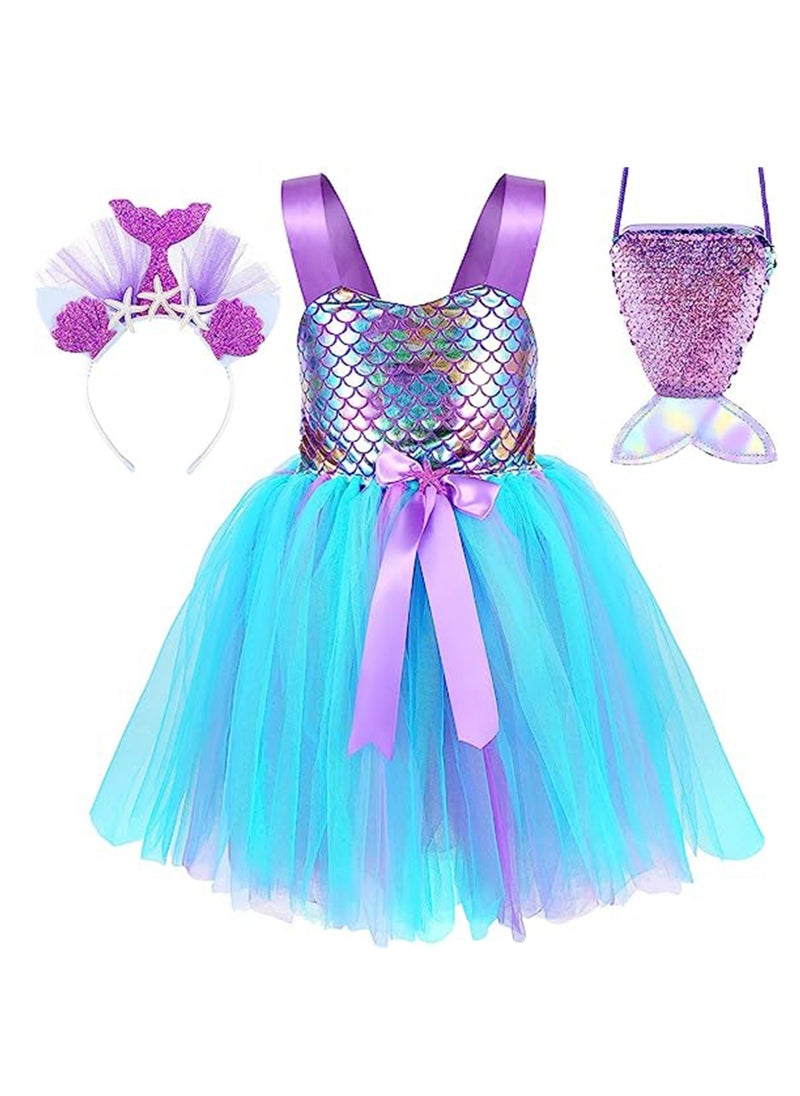 Captaintech Mermaid Tutu Dress for Girls, Kids Mermaid Costume Outfits with Headband and Bag, Princess Dress Up Sequined Mesh Skirt for Birthday Party, Prom, Gift  M  - Image 1