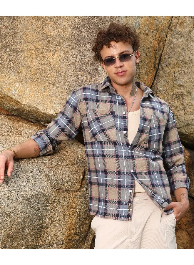 Campus Sutra Men's Icy Blue & Saltbox Beige Tartan Plaid Utility Shirt For Casual Wear | Spread Collar | Long Sleeve | Button Closure | Shirt Crafted With Comfort Fit For Everyday Wear