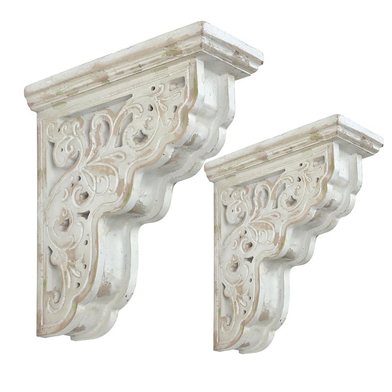 All Chic Set of 2 Corbels for Shelves Wood Corbels Decorative Shelf Brackets Farmhouse Decor Wooden Vintage Shelf White Floating Wall Shelf Long