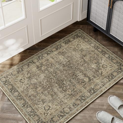 WondRg 2x3 Washable Area Rug Brown Vintage Non Slip Soft Low Pile Small Rug for Entryway Kitchen Bathroom Distressed Oriental Throw Carpet for Living Room Bedroom Home Decor - Image 1