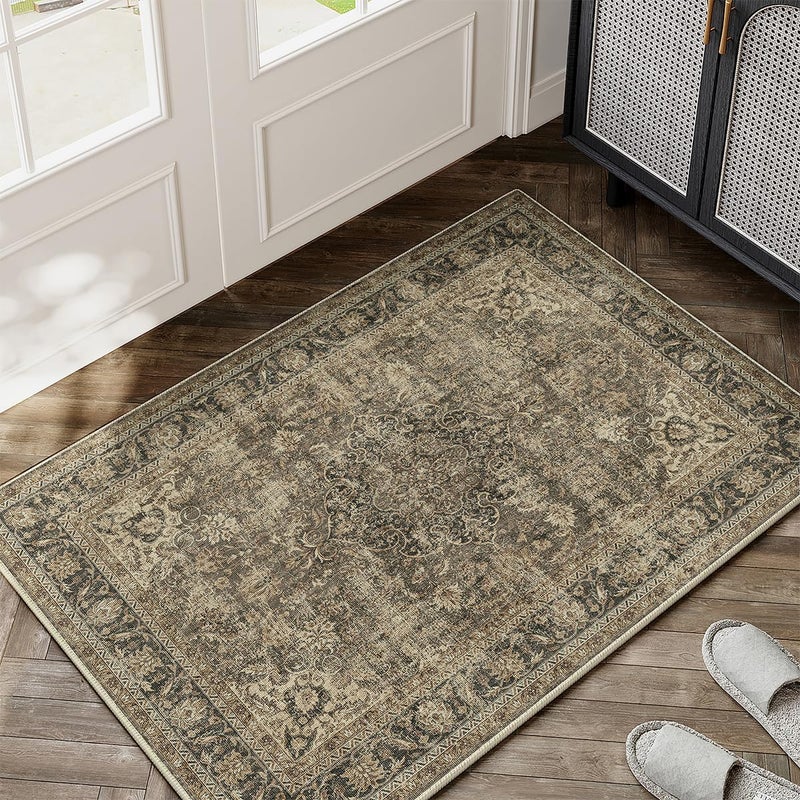 WondRg 2x3 Washable Area Rug Brown Vintage Non Slip Soft Low Pile Small Rug for Entryway Kitchen Bathroom Distressed Oriental Throw Carpet for Living Room Bedroom Home Decor - Image 2
