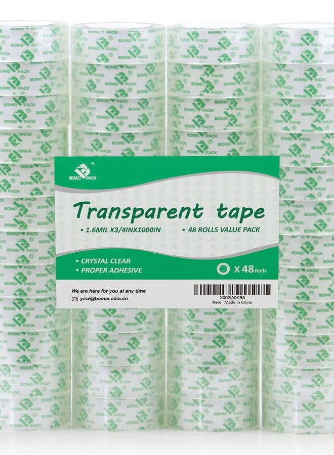 BOMEI PACK 48 Rolls Crystal Clear Transparent Tape, Stationery Tape Refills Rolls for Dispenser, 3/4 in x 1000 in,1 inch Core, Gift Wrapping Tape for Office, School and Home, - Image 1