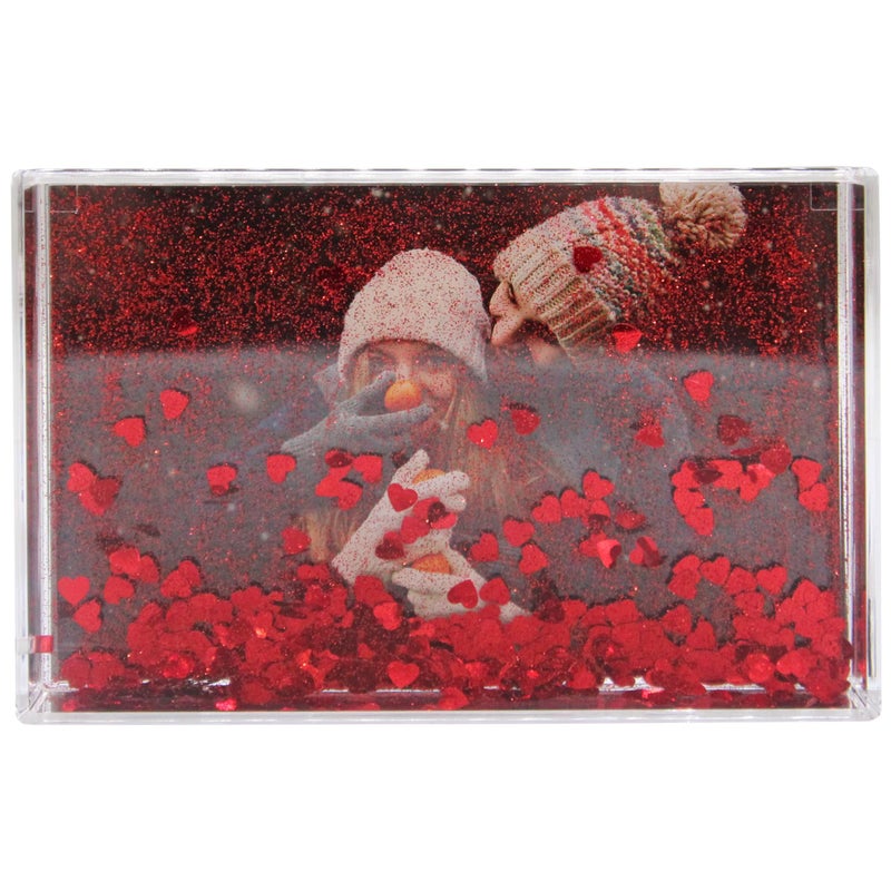 Glitter Photo Frame Acrylic Picture Frame holds 10 x 15 cm 4 x 6 inch Clear Frameless Desktop Photo Block with Glitter Hearts Red  Ideal Personalised Gifts Fathers Day Presents