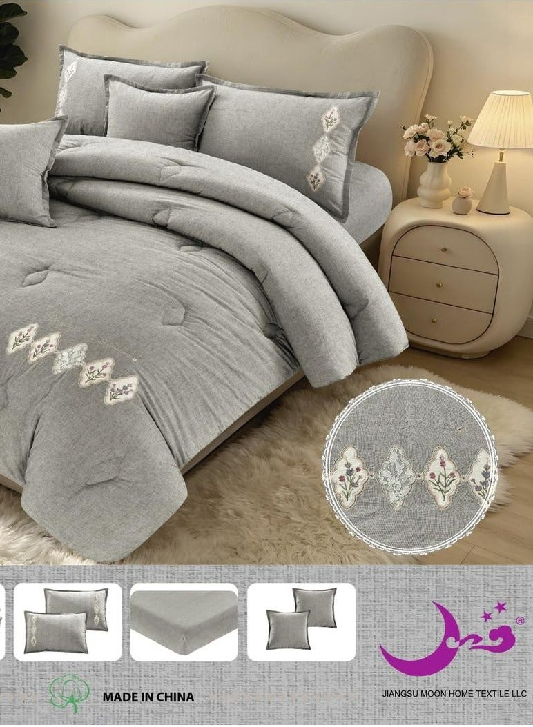 مون مفرش سرير صيفي قطن 100% يناسب سرير بحجم 200 × 200 سم، 6 قطع تصميم عصري وراقي مقاس اللحاف 230×250 سم - Image 1
