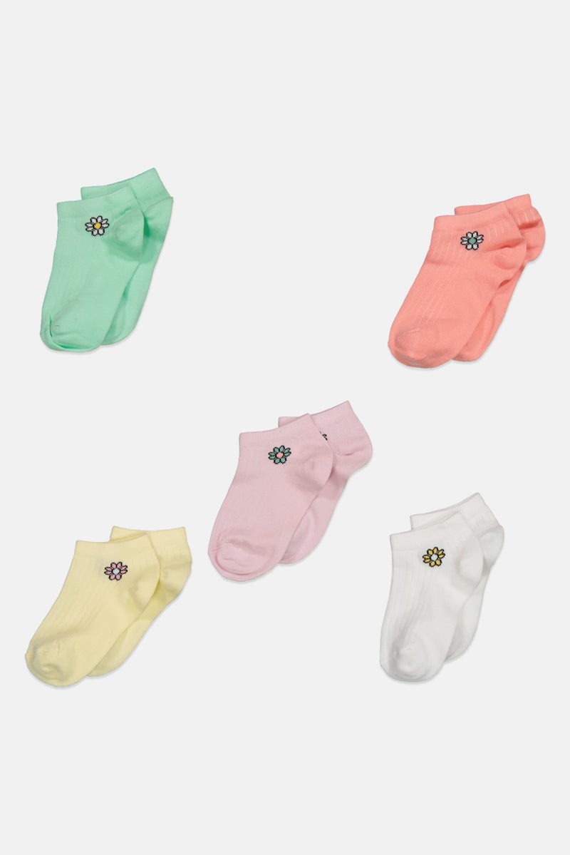 XOXO Kids Girl 5 Pair Embroidered Ankle Socks, White  - Image 1