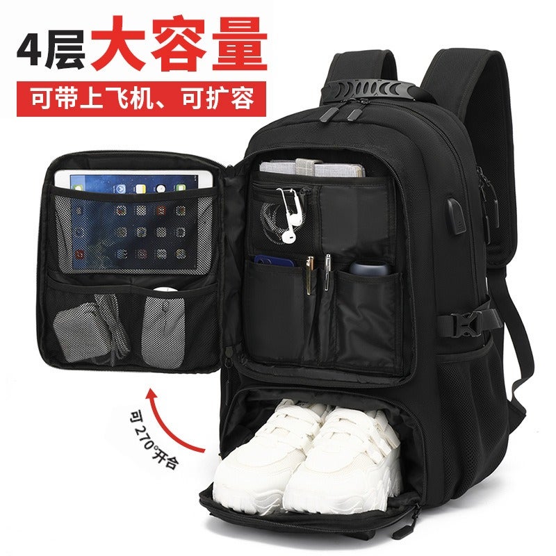 He-Shi Waterproof Hiking Travel Backpack 56-75L Large Capacity Laptop Backpack with USB Charging Port, Anti-Theft, for Men Women Outdoor Camping - Upgraded 60L Navy with Shoe Compartment - Image 2
