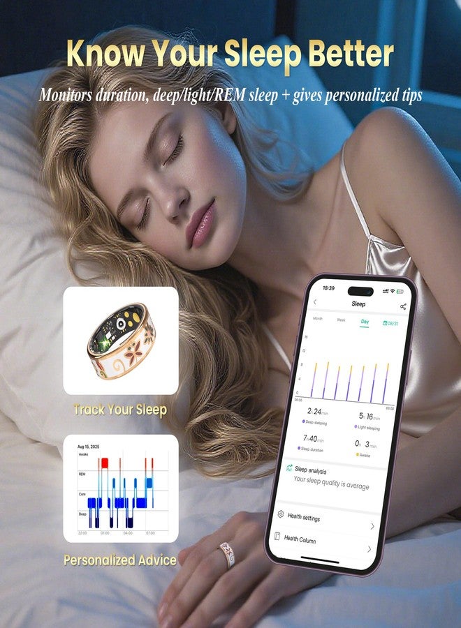 lumthou Enamel Craft Smart Ring for Women & Men - No Subscription Fee Fitness Tracker with Sleep Tracking, Heart Rate, SpO2 - IP68 Waterproof for iPhone Android - Activity Tracker, Remote Camera (9) - Image 4