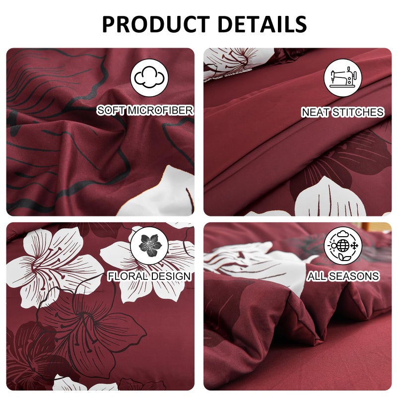Luxudecor 7 Pieces Queen Size Comforter Set  Burgundy Floral Bed in a Bag Comforter and Sheet Set  Soft Microfiber Lightweight Bedding Set for All Season 90""?90"" - Image 4