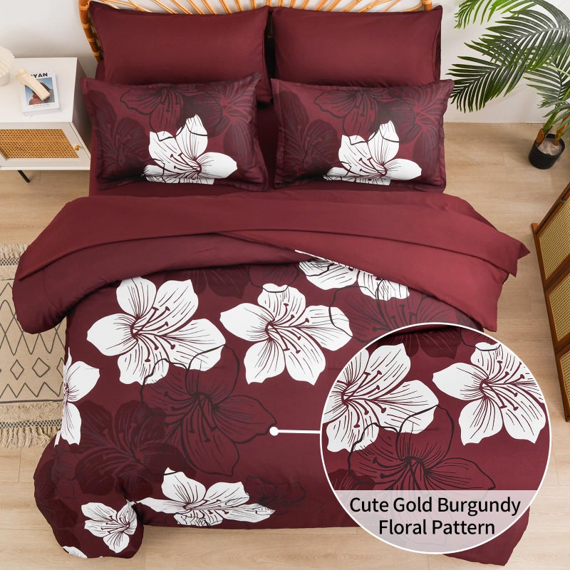 Luxudecor 7 Pieces Queen Size Comforter Set  Burgundy Floral Bed in a Bag Comforter and Sheet Set  Soft Microfiber Lightweight Bedding Set for All Season 90""?90"" - Image 3