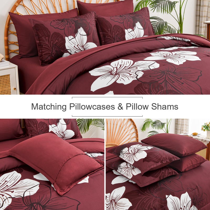 Luxudecor 7 Pieces Queen Size Comforter Set  Burgundy Floral Bed in a Bag Comforter and Sheet Set  Soft Microfiber Lightweight Bedding Set for All Season 90""?90"" - Image 5