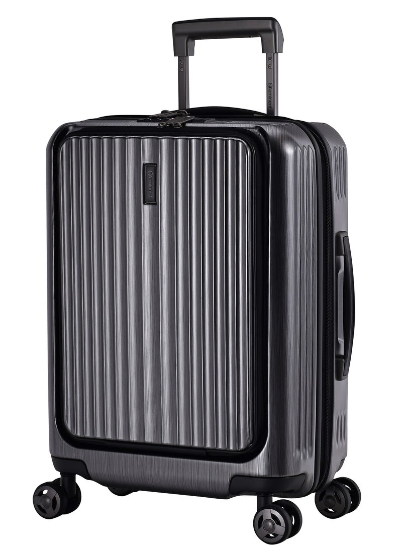 eminent - Hard Shell Travel Bag Alfred Front Loading Business Carry On Luggage trolley with Built in 2 sided TSA Compatible Combination Lock and USB Port KK50B Dark Silver - Image 1