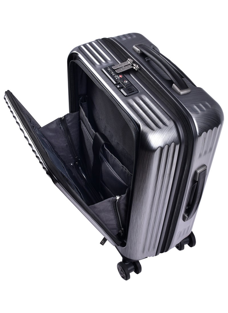 eminent - Hard Shell Travel Bag Alfred Front Loading Business Carry On Luggage trolley with Built in 2 sided TSA Compatible Combination Lock and USB Port KK50B Dark Silver - Image 1