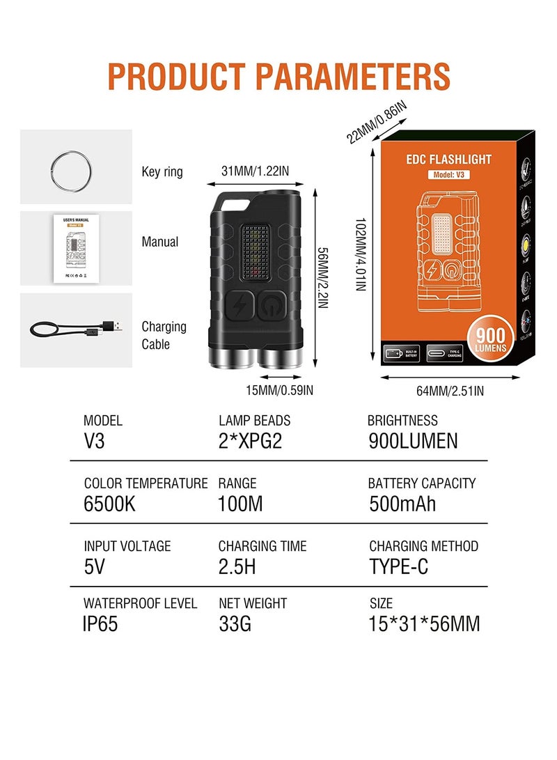 MOCOM EDC V3 Mini Keychain Flashlight - 900 Lumens, 12 Modes, Multi-Color LED (White, Red, UV, Blue), Magnetic, Rechargeable, Waterproof, Ultra-Light Pocket Torch - Image 2