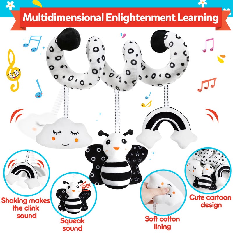 GKDOMS Baby Spiral Hanging Stroller and Car Seat Toys Black and White High Contrast Sensory Toy Newborn Plush Activity Toys Party Favors Quality Baby Gifts for Baby Shower Valentine's Day-BEE - Image 4