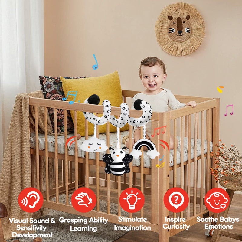 GKDOMS Baby Spiral Hanging Stroller and Car Seat Toys Black and White High Contrast Sensory Toy Newborn Plush Activity Toys Party Favors Quality Baby Gifts for Baby Shower Valentine's Day-BEE - Image 5