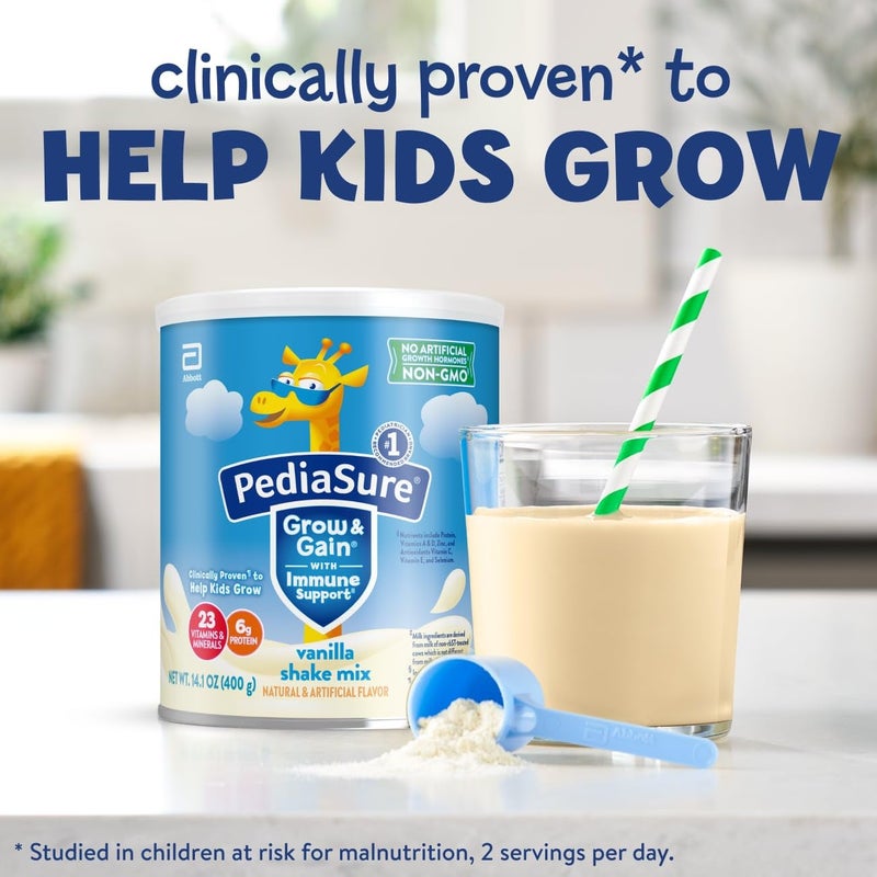 Pediasure بودرة مشروب بيديا شور جرو آند غين مع دعم المناعة، 23 فيتامين ومعادن، 6 جرام بروتين، غير معدلة وراثيًا، خالية من الجلوتين، تغذية الأطفال، فانيليا، 14.1 أونصة، عبوة من 6-48 حصة - Image 3