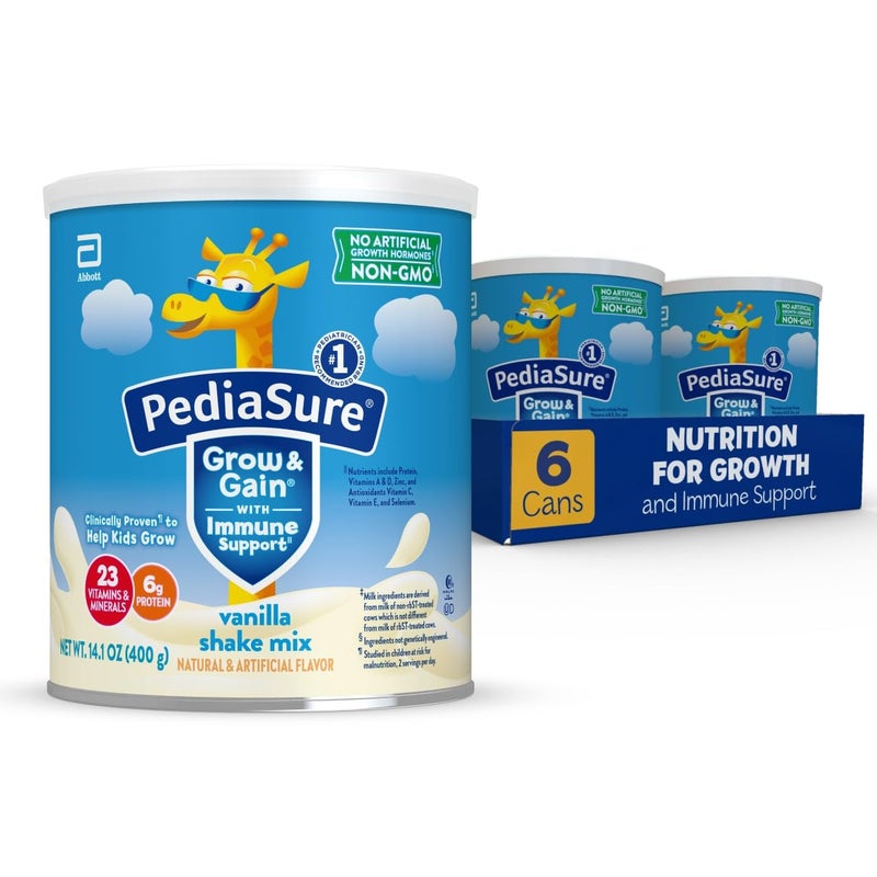 Pediasure بودرة مشروب بيديا شور جرو آند غين مع دعم المناعة، 23 فيتامين ومعادن، 6 جرام بروتين، غير معدلة وراثيًا، خالية من الجلوتين، تغذية الأطفال، فانيليا، 14.1 أونصة، عبوة من 6-48 حصة - Image 1