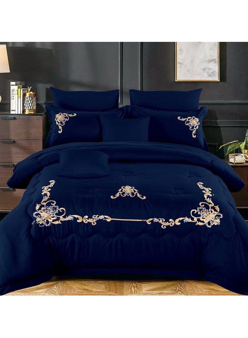 Comfy Comfy 6pc Embroidered Premium Quality Pure Cotton King Size Blue Comforter Set 