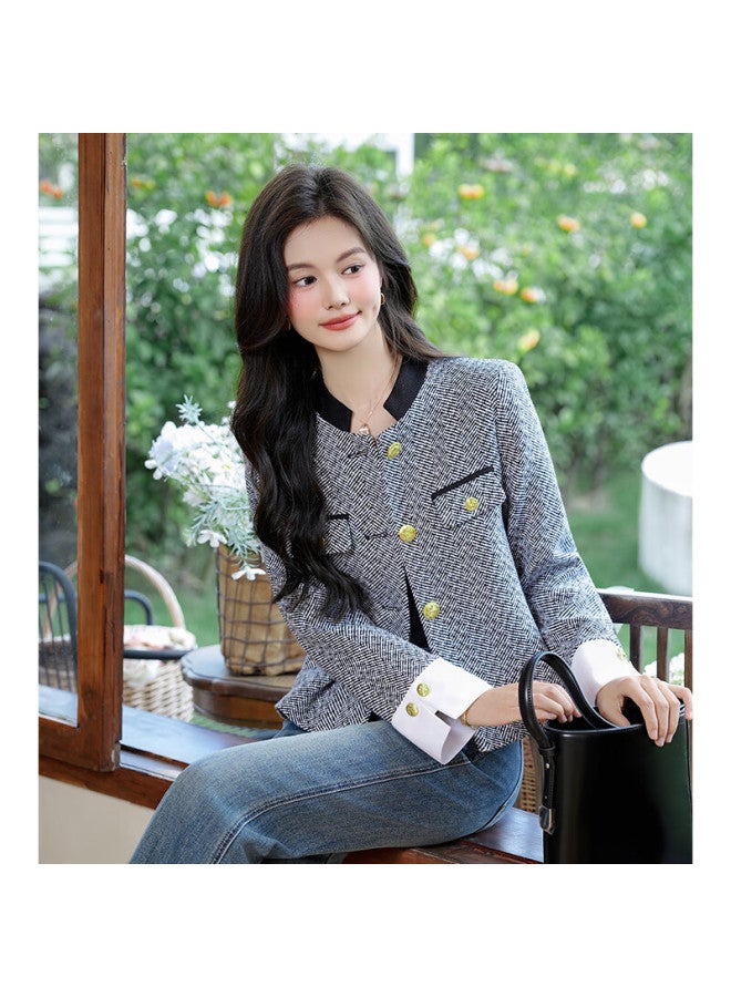 TELUOMAN Trollman Black Premium Chic Small Fragrance Style Women's Elegant Color-block Striped Cardigan Commuter Ol Short Blazer Jacket - Image 4