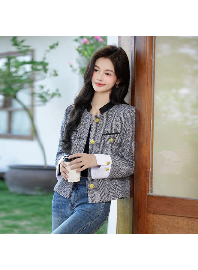 TELUOMAN Trollman Black Premium Chic Small Fragrance Style Women's Elegant Color-block Striped Cardigan Commuter Ol Short Blazer Jacket - Image 2