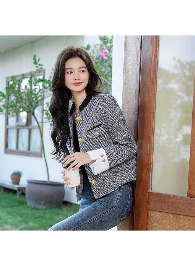 TELUOMAN Trollman Black Premium Chic Small Fragrance Style Women's Elegant Color-block Striped Cardigan Commuter Ol Short Blazer Jacket - Image 3