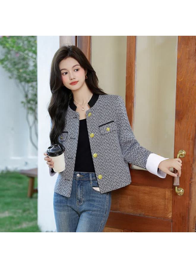 TELUOMAN Trollman Black Premium Chic Small Fragrance Style Women's Elegant Color-block Striped Cardigan Commuter Ol Short Blazer Jacket - Image 1