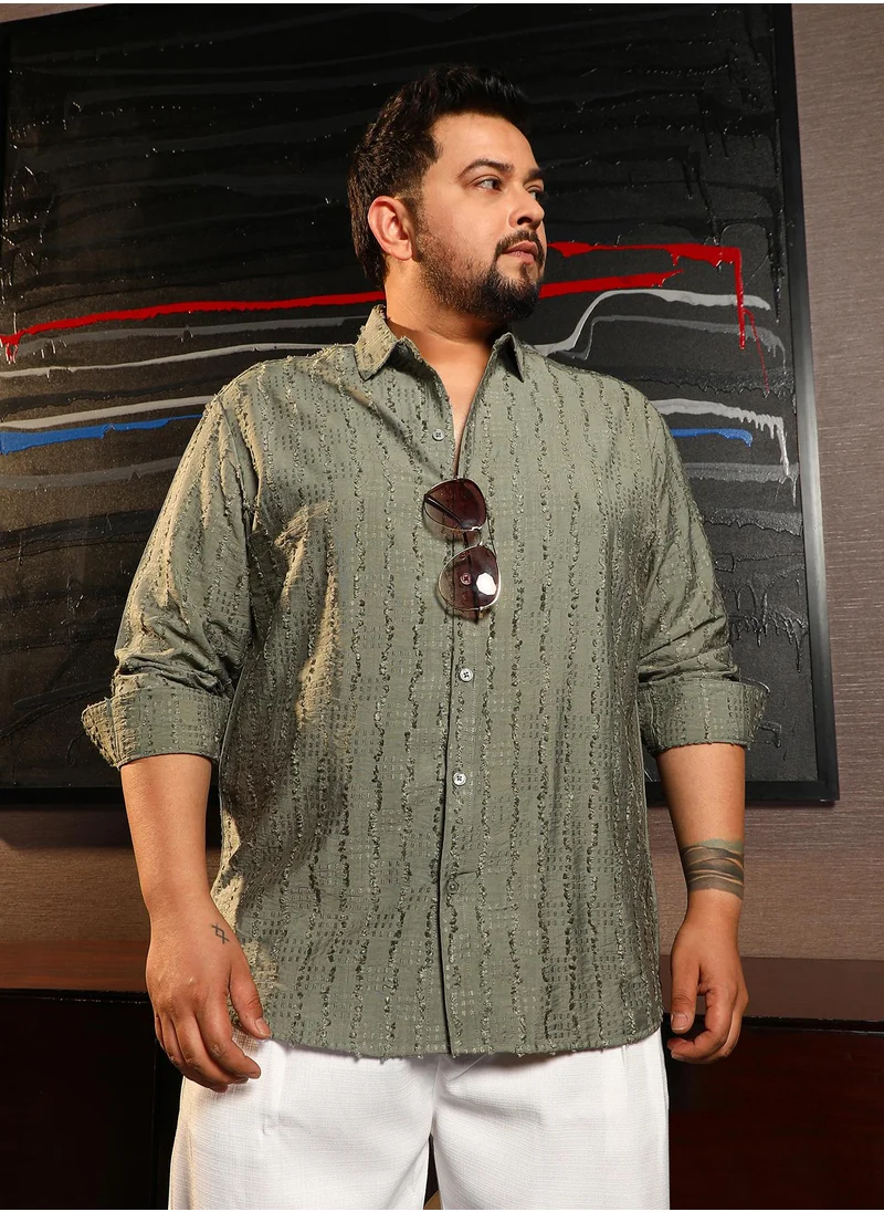 انستافاب بلس Instafab Plus Men's Sage Green Wicker-Tactile Shirt For Casual Wear | Spread Collar | Long Cuffed Sleeves | Button Closure | Plus Size Shirt Crafted With Comfort Fit For Everyday Wear