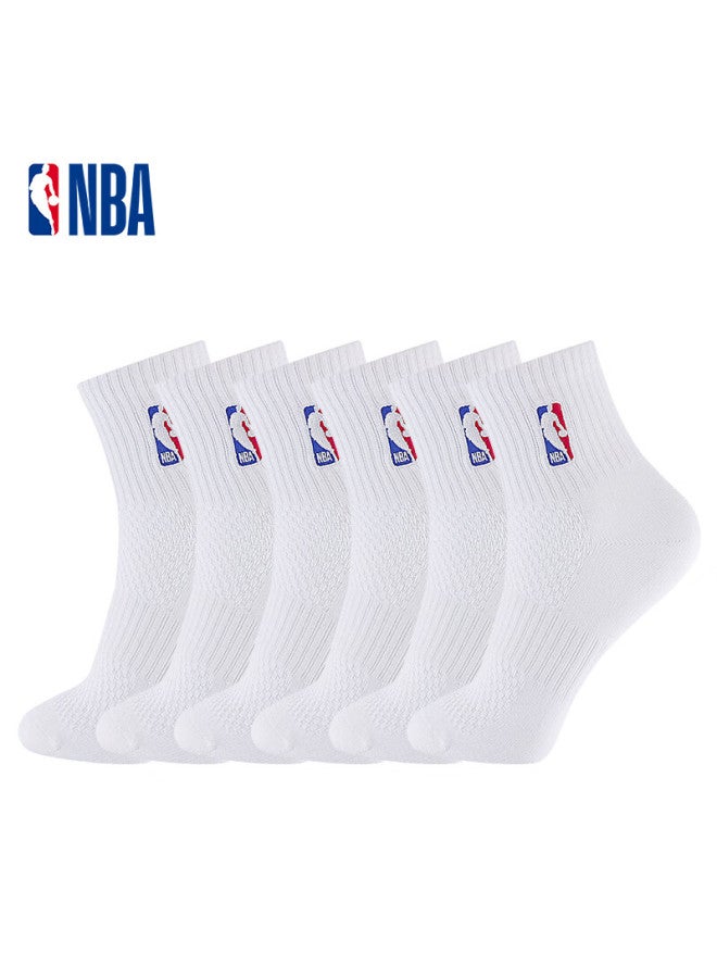 إن بي أيه جوارب NBA البيضاء للرجال، جوارب رياضية عادية، جوارب قطنية صيفية شبكية تسمح بالتهوية وتمتص العرق، جوارب كرة السلة للتدريب والجري، 6 أزواج - Image 1