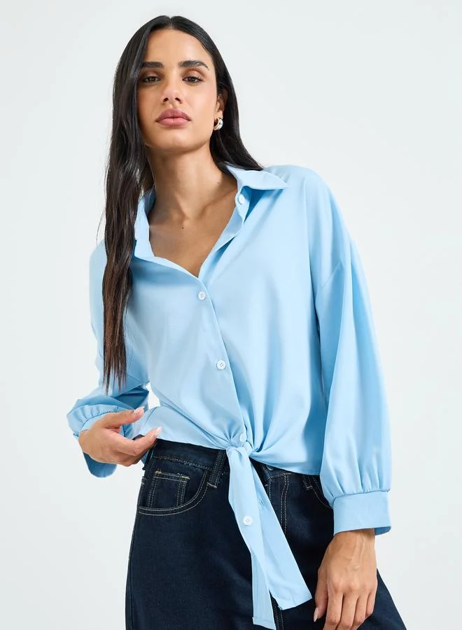 Take Two Sky Blue Tie-Front Long Sleeve Shirt