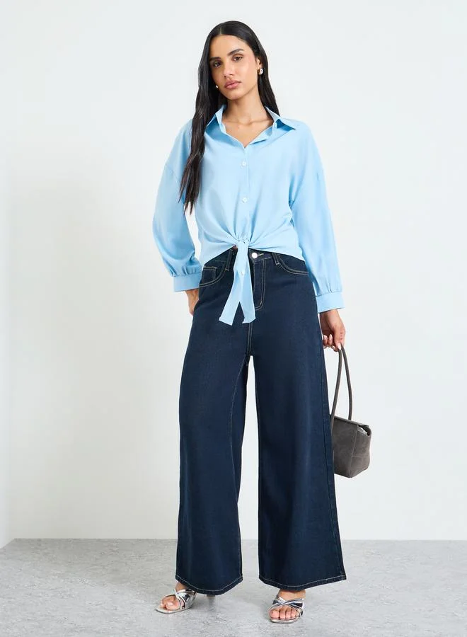 Take Two Sky Blue Tie-Front Long Sleeve Shirt