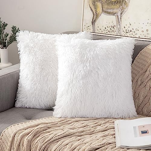 ANRODUO Pack of 2 White Throw Pillow Covers Luxury Fluffy Pillows Faux Fur Decorative Pillows Plush Cushion Case Fuzzy Mongolian Merin Style for Bed Couch Sofa Living Room Fall Home Decor 18x18 Inch