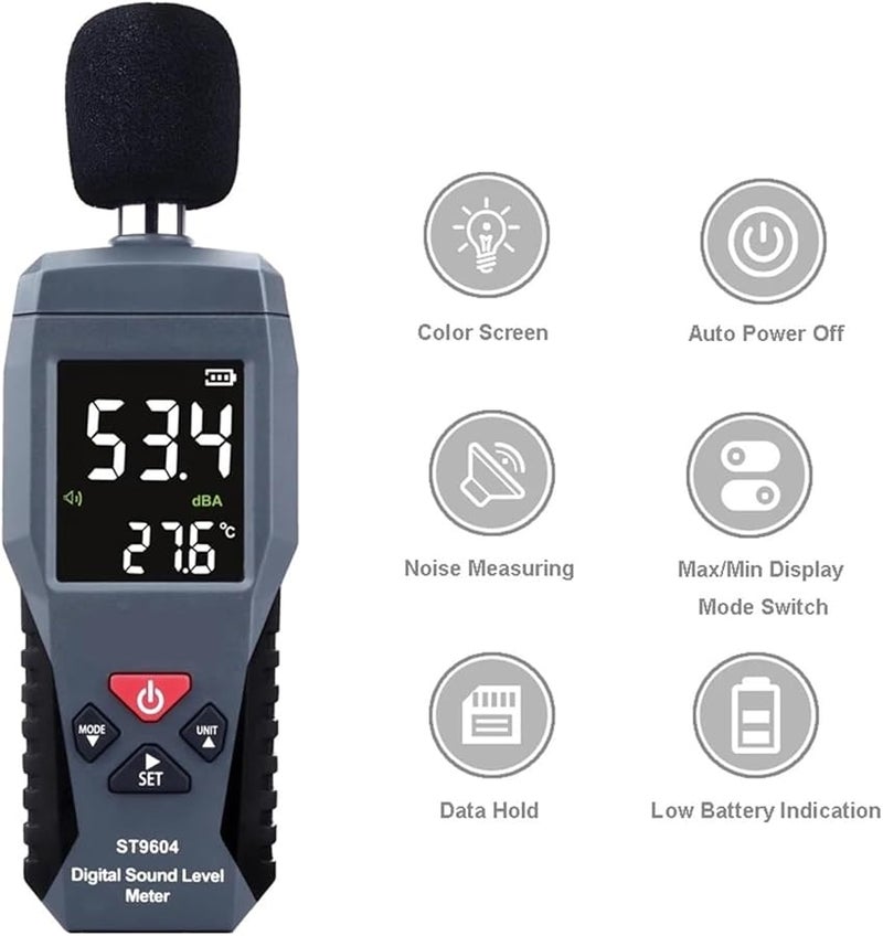 St9604 متر مستوى الصوت الرقمي الذكي 30-130 ديسيبل مقياس ضوضاء ميزان حرارة بشاشة LCD إضاءة خلفية - Image 2