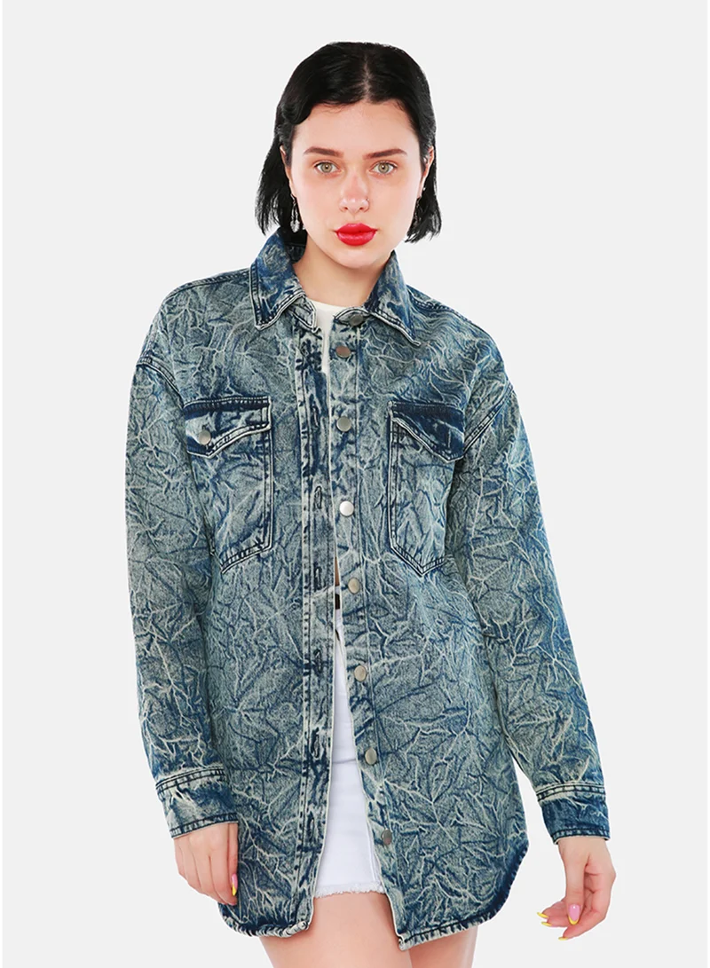London Rag Women's Wrinkled Acid Wash Denim Shacket in Dark Blue