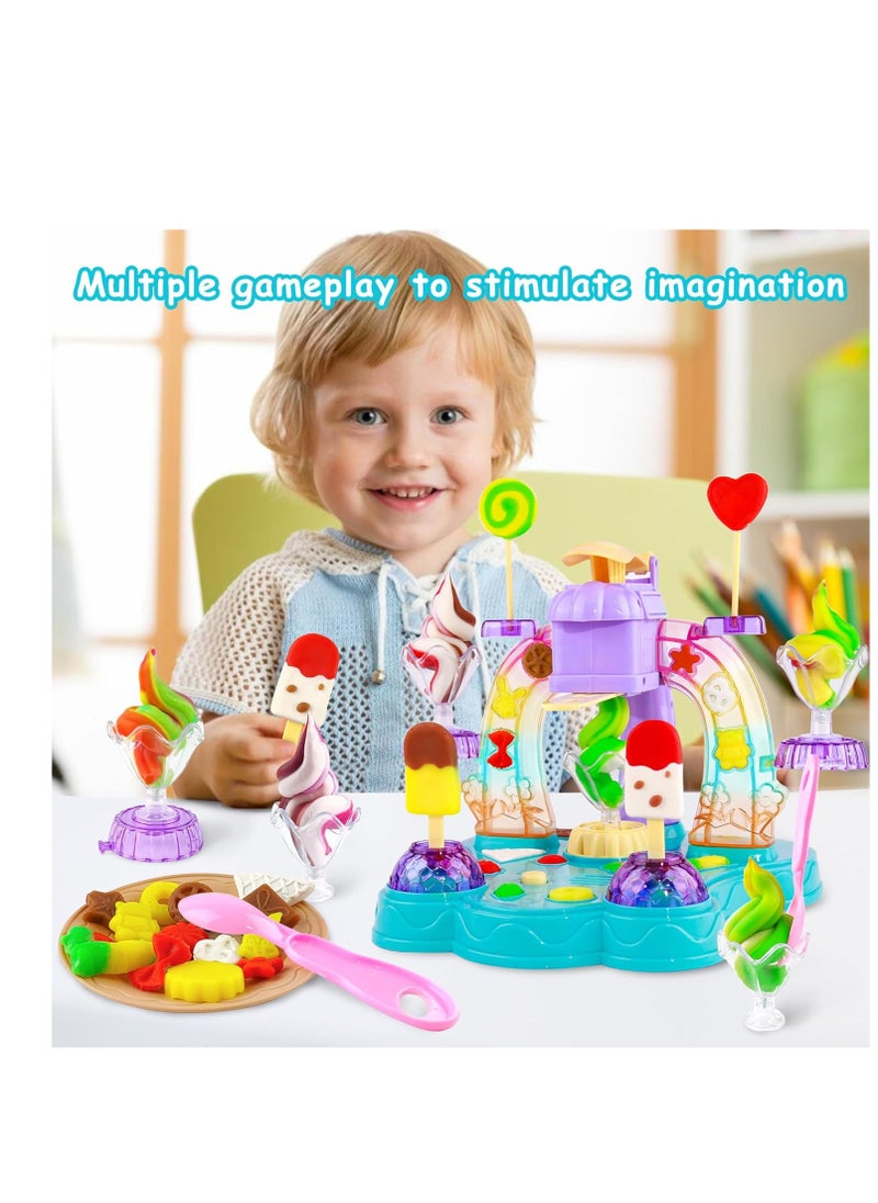 MUMS PLANET - Playdough Ice Cream Set with Music and Lights Dough Set Gift for Kids, Pretend Play Kitchen Accessories, Arts and Crafts Toys with Cups, Plates, Spoons, Forks, Knives, Popsicle Molds and Food Molds - Image 1