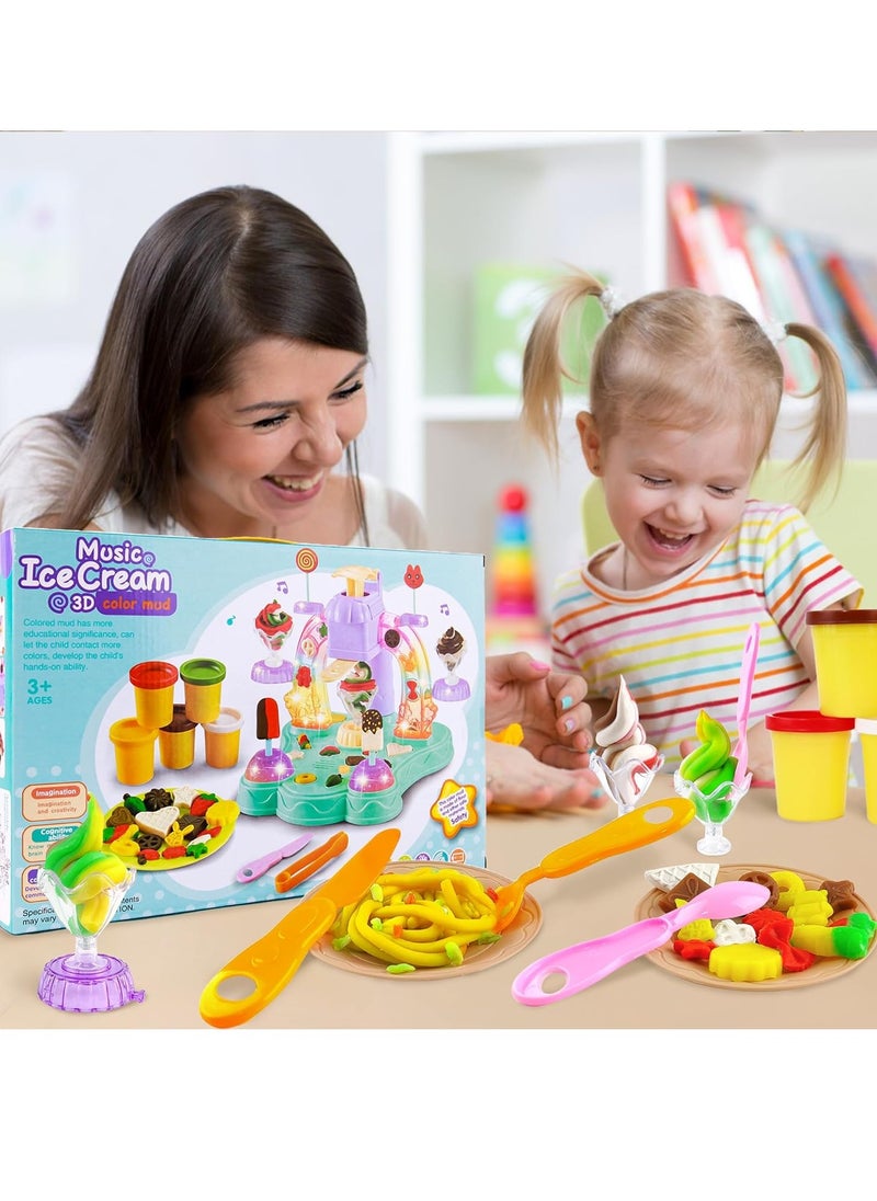 MUMS PLANET - Playdough Ice Cream Set with Music and Lights Dough Set Gift for Kids, Pretend Play Kitchen Accessories, Arts and Crafts Toys with Cups, Plates, Spoons, Forks, Knives, Popsicle Molds and Food Molds - Image 1
