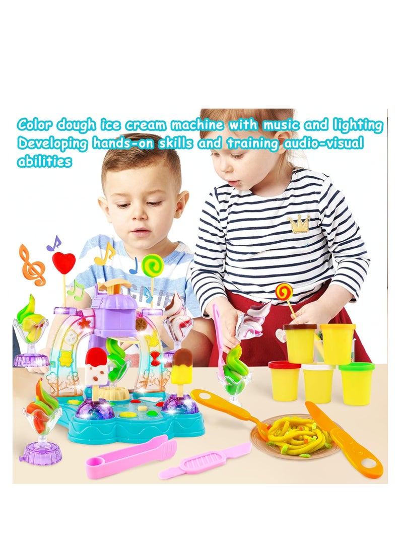MUMS PLANET - Playdough Ice Cream Set with Music and Lights Dough Set Gift for Kids, Pretend Play Kitchen Accessories, Arts and Crafts Toys with Cups, Plates, Spoons, Forks, Knives, Popsicle Molds and Food Molds - Image 1