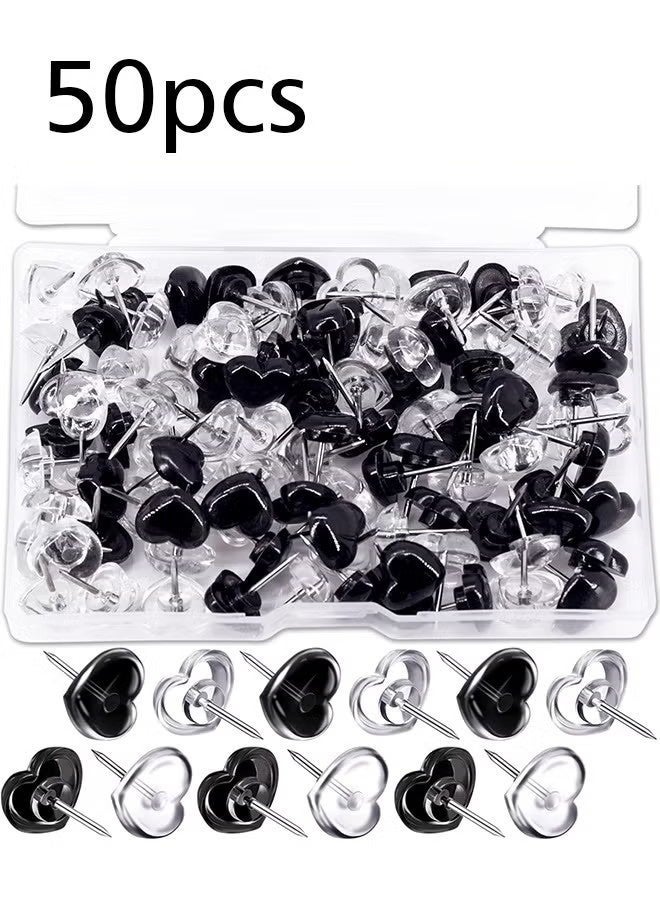 ٥٠ قطعة من دبابيس التثبيت الشفافة على شكل قلب للوحات الفلين، دبابيس بلاستيكية شفافة وسوداء لطيفة على شكل قلب لتزيين الملصقات والجدران والمكاتب والخرائط والمدارس ولوازم الفصول الدراسية - Image 1