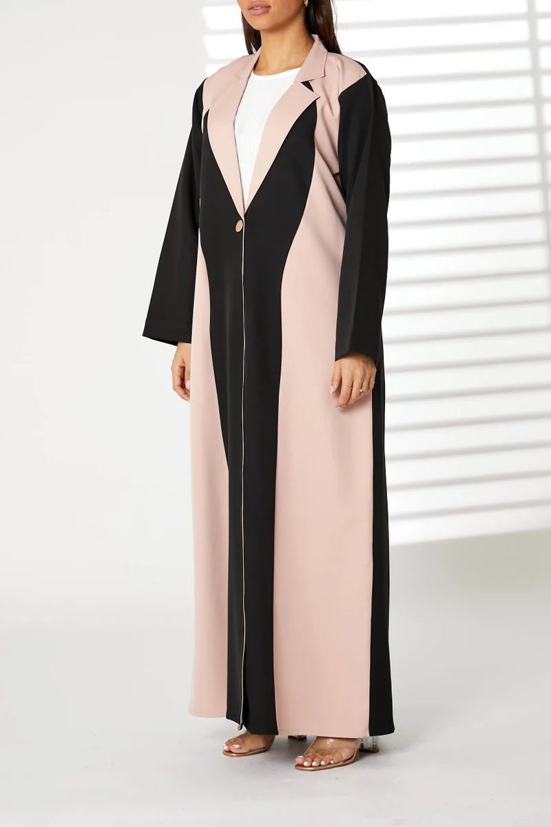 Moistreet Lapel Collar Color Blocked Abaya