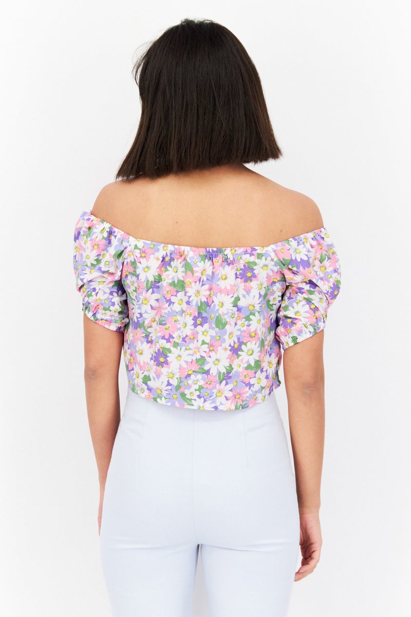 Vila Women Off Shoulder Neckline Short Sleeve Floral Print Top, Purple Combo  - Image 2