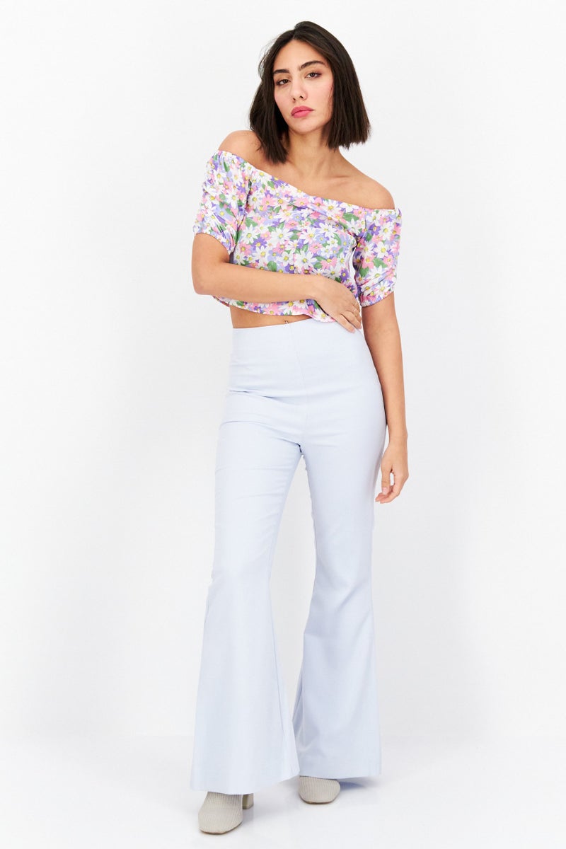 Vila Women Off Shoulder Neckline Short Sleeve Floral Print Top, Purple Combo  - Image 4