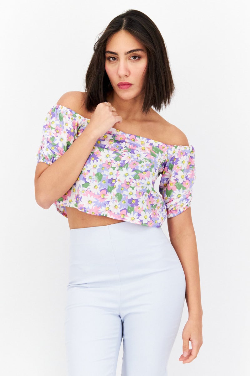 Vila Women Off Shoulder Neckline Short Sleeve Floral Print Top, Purple Combo  - Image 1