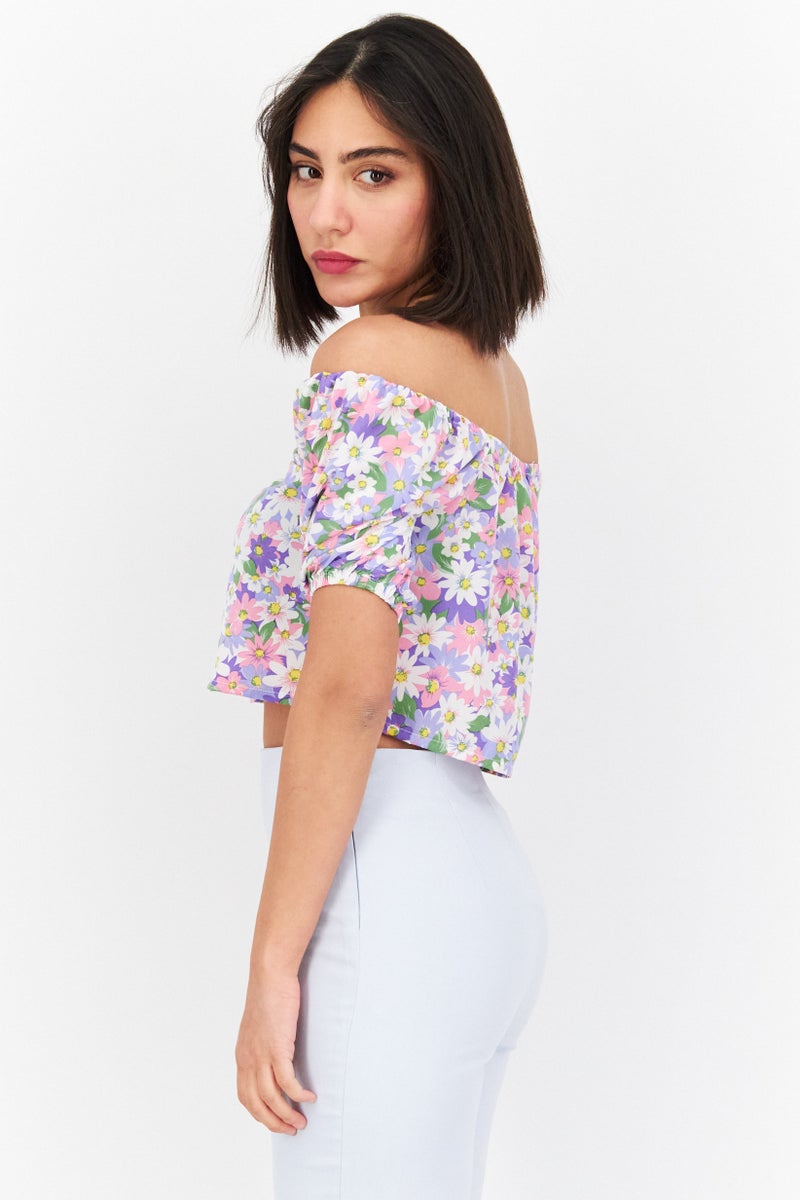 Vila Women Off Shoulder Neckline Short Sleeve Floral Print Top, Purple Combo  - Image 3