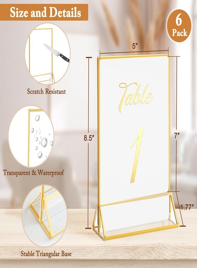 Floroom 6 Pack 5x7 Inch Clear Acrylic Sign Holders, Double-Sided Gold Display Stand Picture Frames for Table Numbers, Menus, Flyers, Weddings, and Offices - Image 2