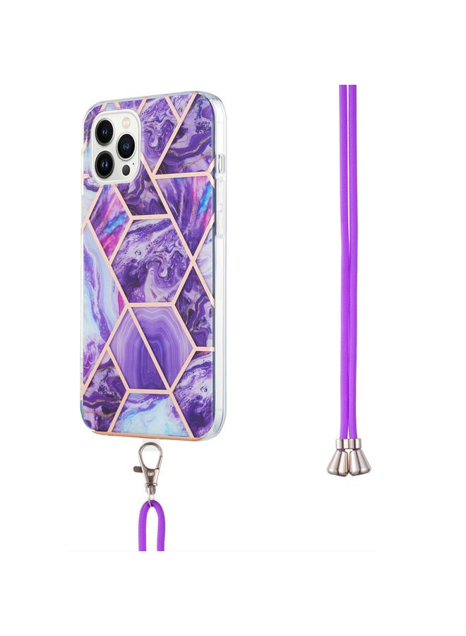 S-TOP Case For iPhone 15 Pro Max Electroplating Splicing Marble Pattern IMD TPU Shockproof Case with Neck Lanyard - Image 2
