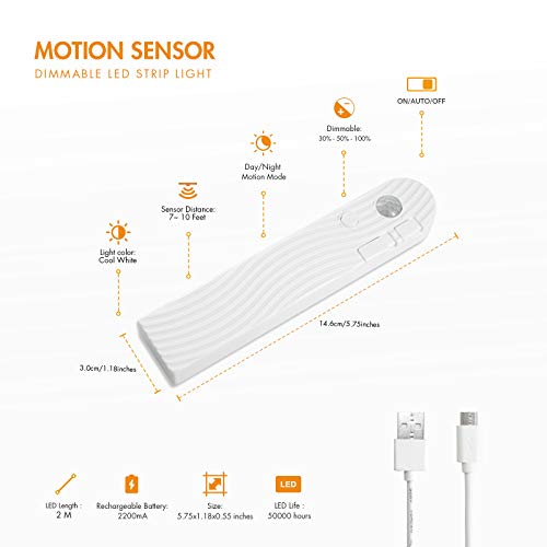 Sensky Motion Activated Strip Lights Rechargeable Motion Sensor LED Strip Light Dimmable Strip Lighting for Wardrobe, Gun Safe, Cabinet, Pantry, Closet (2M, Cool White) - Image 2