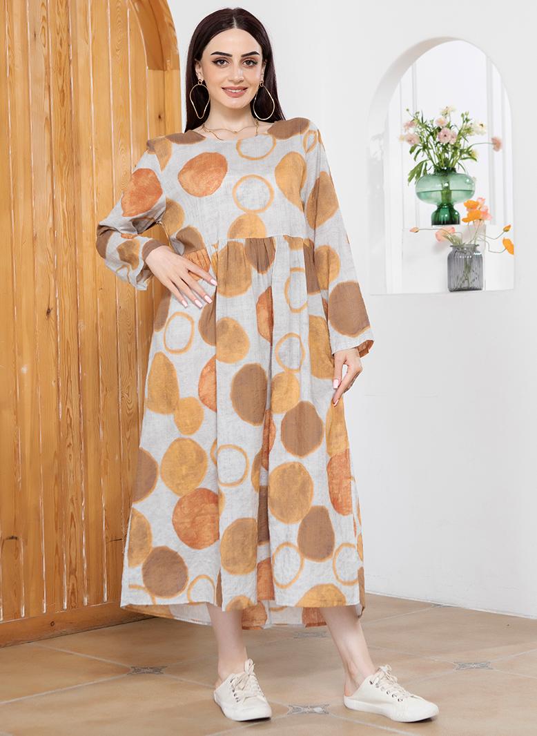 FridayIn Sweet Round neck Printing Color contrast Irregular Pos-flower Regular sleeve Long Dresses Orange - Image 1